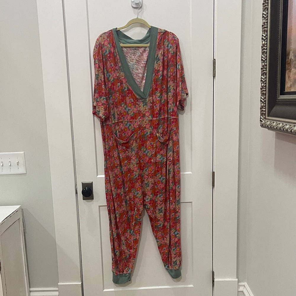 Natural Life Johnnie Cotton Pink and Green Floral Jumpsuit/Onsie